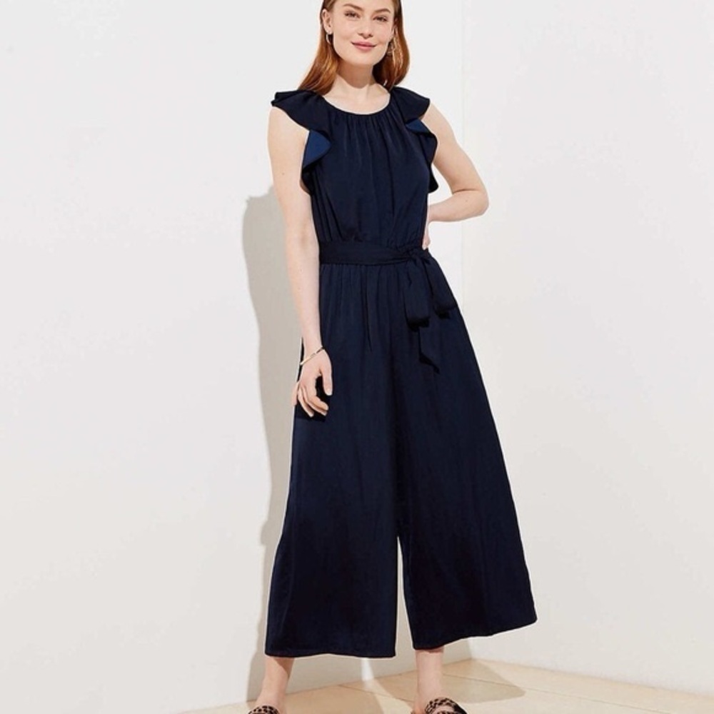 Loft Navy Satin Silky Flutter Sleeve Wide Leg Jumpsuit Sz 8 Contemporary Modern